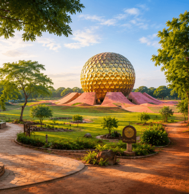 Auroville near Pondicherry featuring the Matrimandir, meditation spaces, and sustainable tourism
