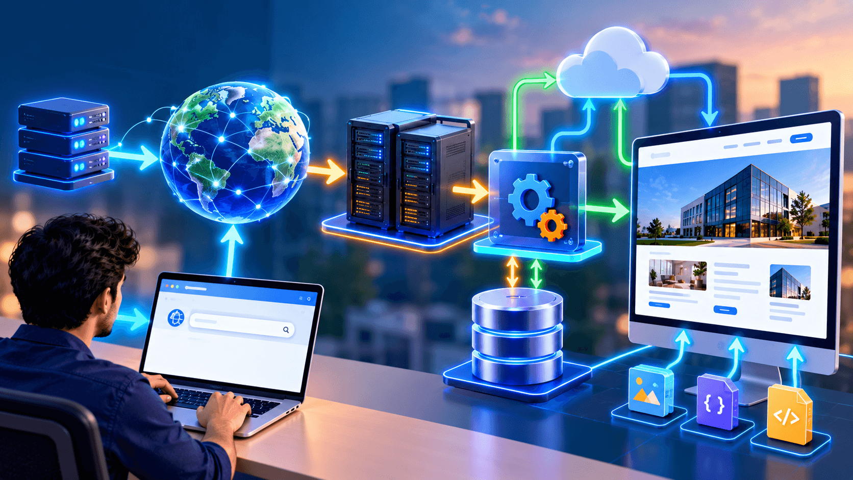 What happens behind the scenes when you open a website, illustrating browser requests, DNS resolution, web servers, backend processing, database connections, and website rendering.