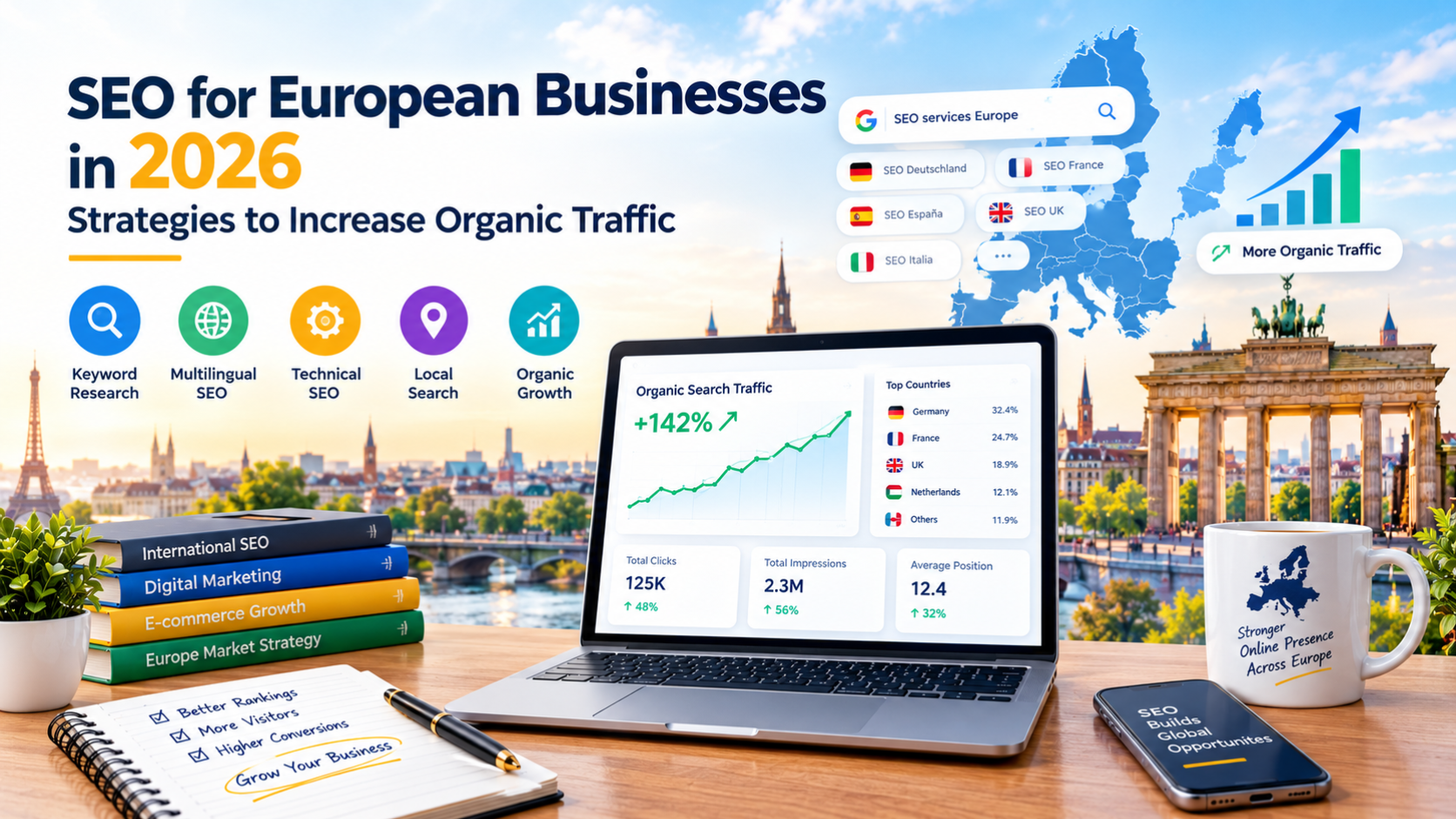 Digital transformation for European small businesses in 2027, featuring business automation, digital analytics, e-commerce, and modern technology.