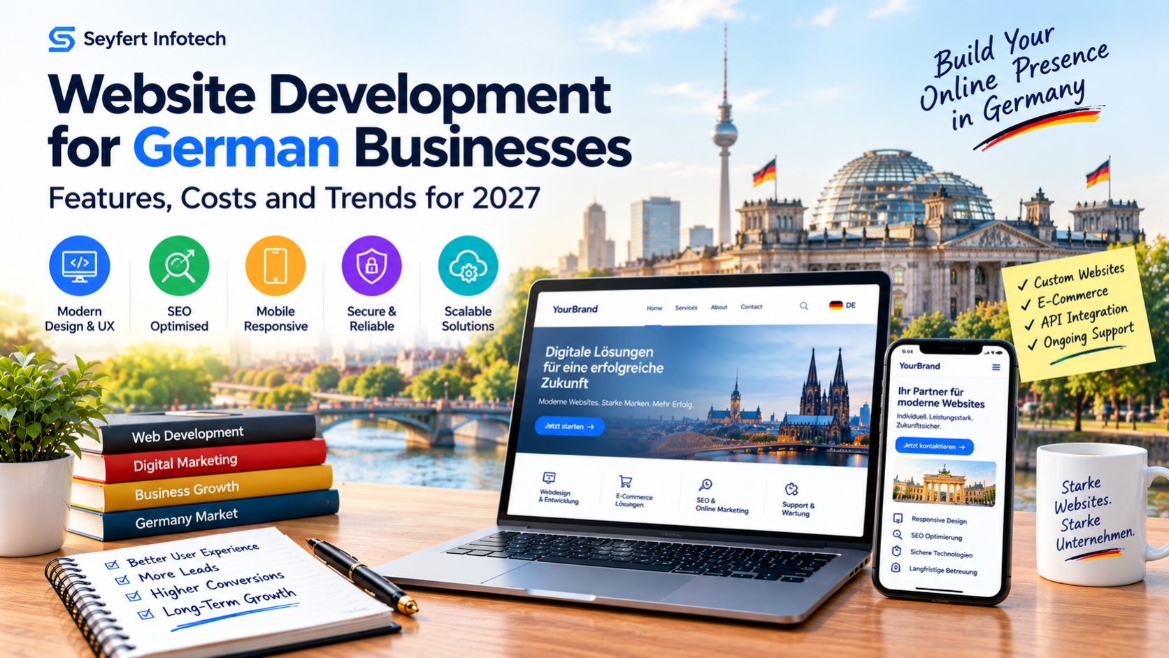 Website development for German businesses featuring modern web design, SEO, mobile responsiveness, security, and digital business solutions.