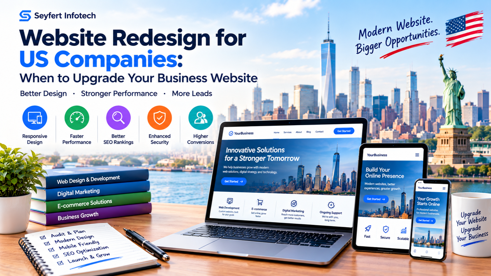 Website redesign for US companies featuring a modern responsive business website, laptop and mobile devices, improved SEO, faster performance, enhanced security, and better lead generation.
