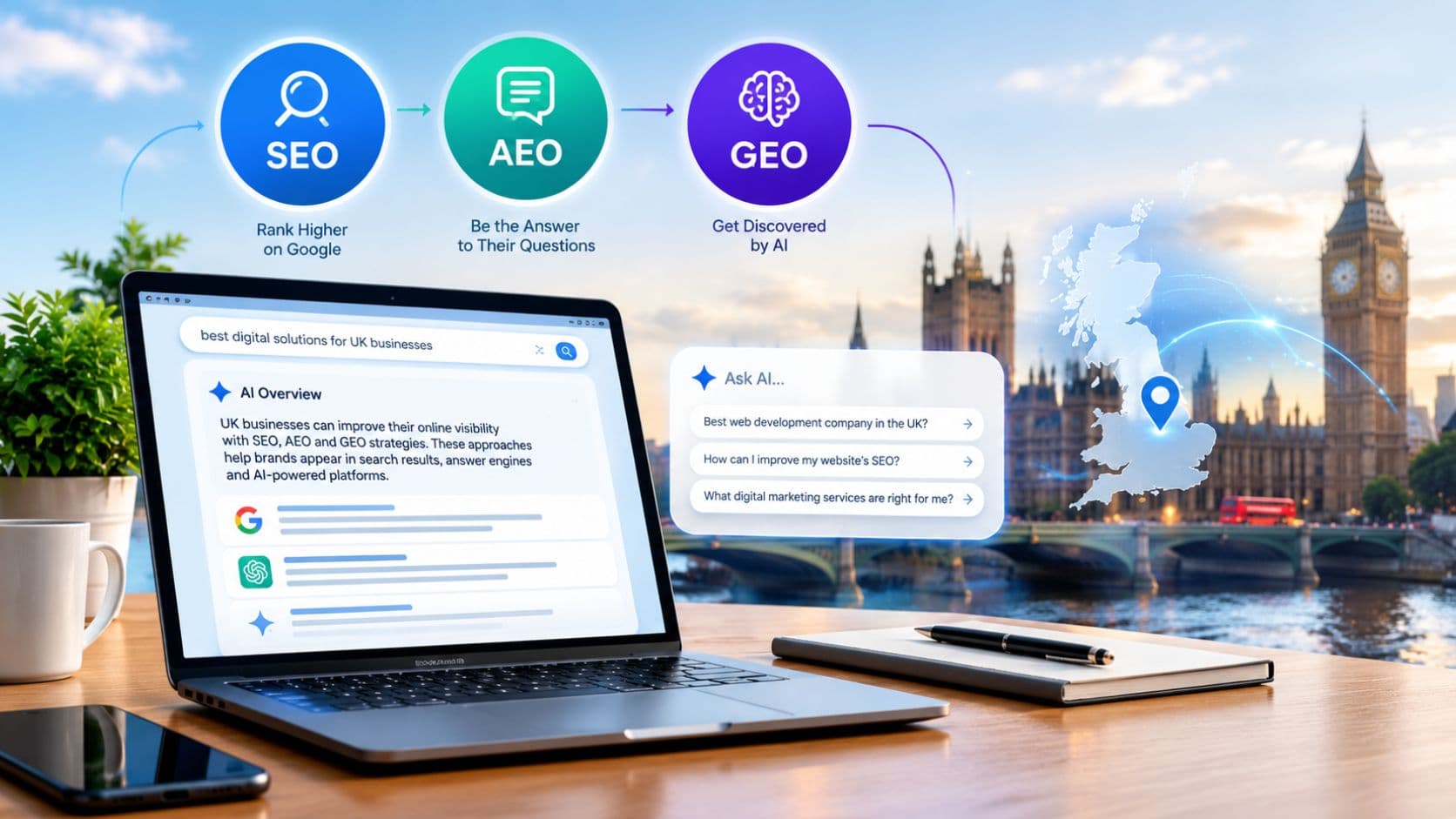 SEO, AEO & GEO in 2026: How UK Businesses Can Stay Visible in Google and AI Search